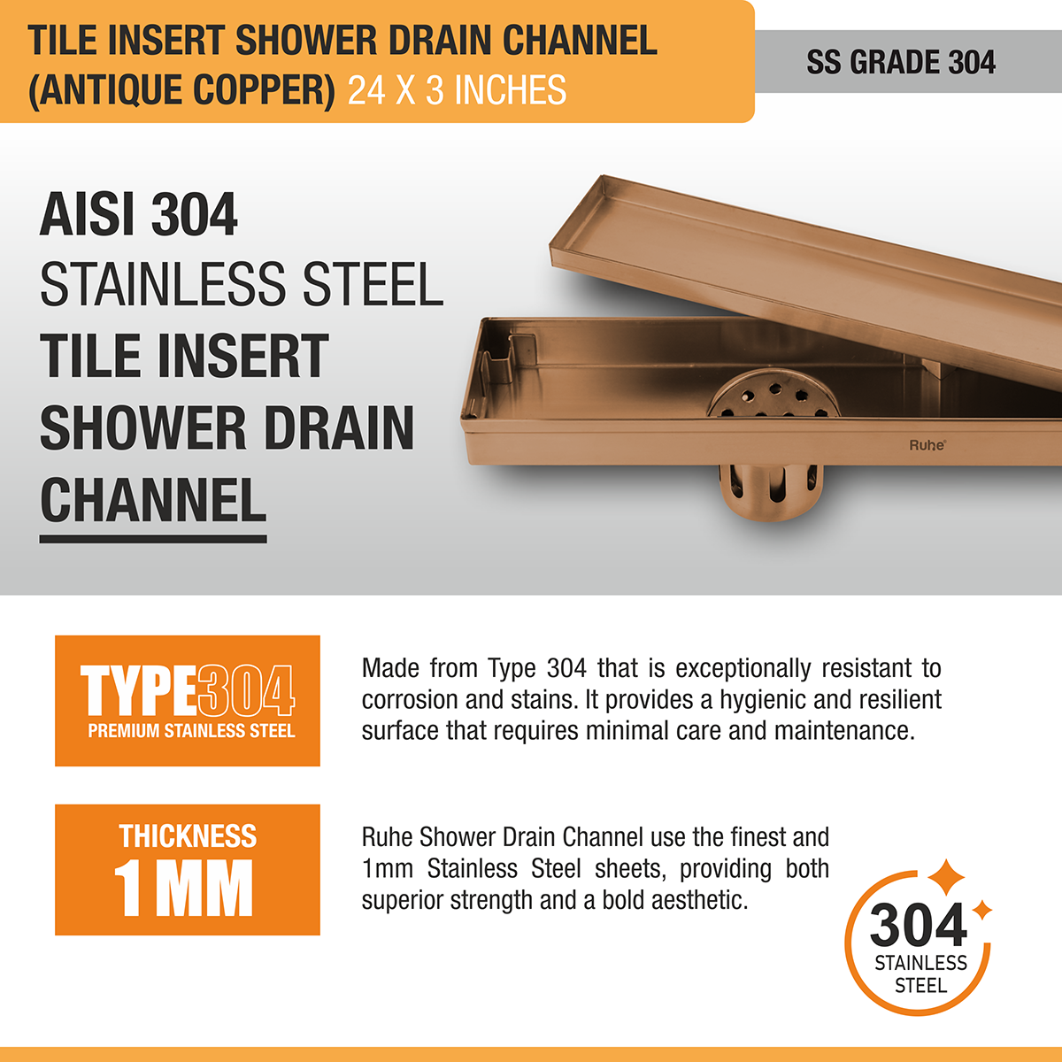 Tile Insert Shower Drain Channel (24 x 3 Inches) ROSE GOLD PVD Coated - by Ruhe®