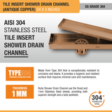 Tile Insert Shower Drain Channel (24 x 3 Inches) ROSE GOLD PVD Coated stainless steel