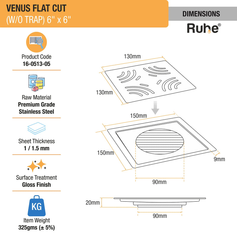 Venus Square Premium Flat Cut Floor Drain (6 x 6 Inches) - by Ruhe
