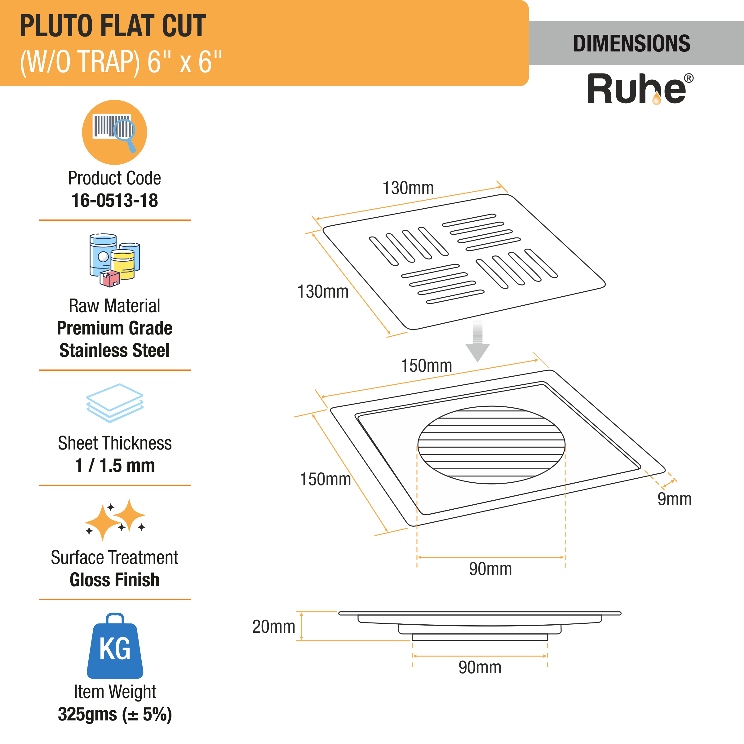 Pluto Square Premium Flat Cut Floor Drain (6 x 6 Inches) dimensions and size