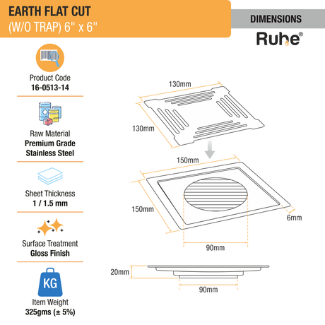 Earth Square Premium Flat Cut Floor Drain (6 x 6 Inches) dimensions and sizes