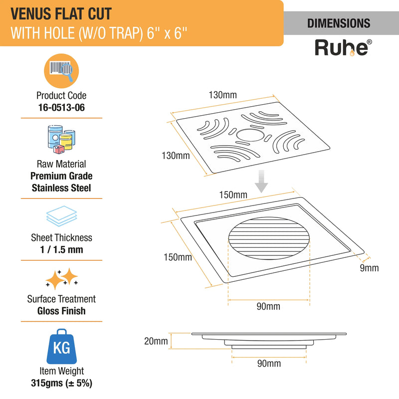 Venus Square Premium Flat Cut Floor Drain (6 x 6 Inches) with Hole - by Ruhe