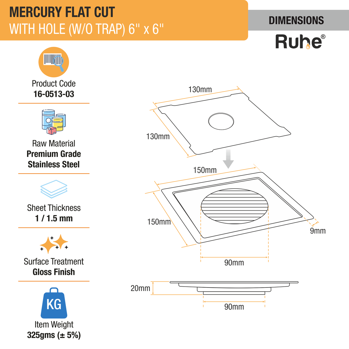 Mercury Square Premium Flat Cut Floor Drain (6 x 6 Inches) with Hole - by Ruhe®