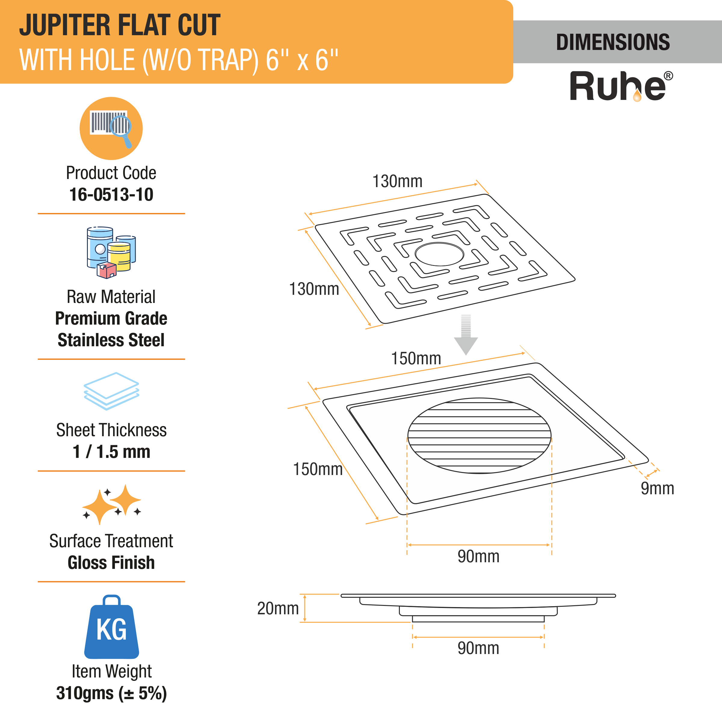 Jupiter Square Premium Flat Cut Floor Drain (6 x 6 Inches) with Hole dimensions and sizes
