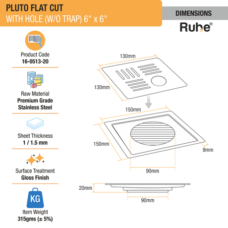 Pluto Square Premium Flat Cut Floor Drain (6 x 6 Inches) with Hole dimensions and size