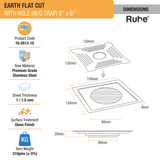 Earth Square Premium Flat Cut Floor Drain (6 x 6 Inches) with Hole dimensions and size