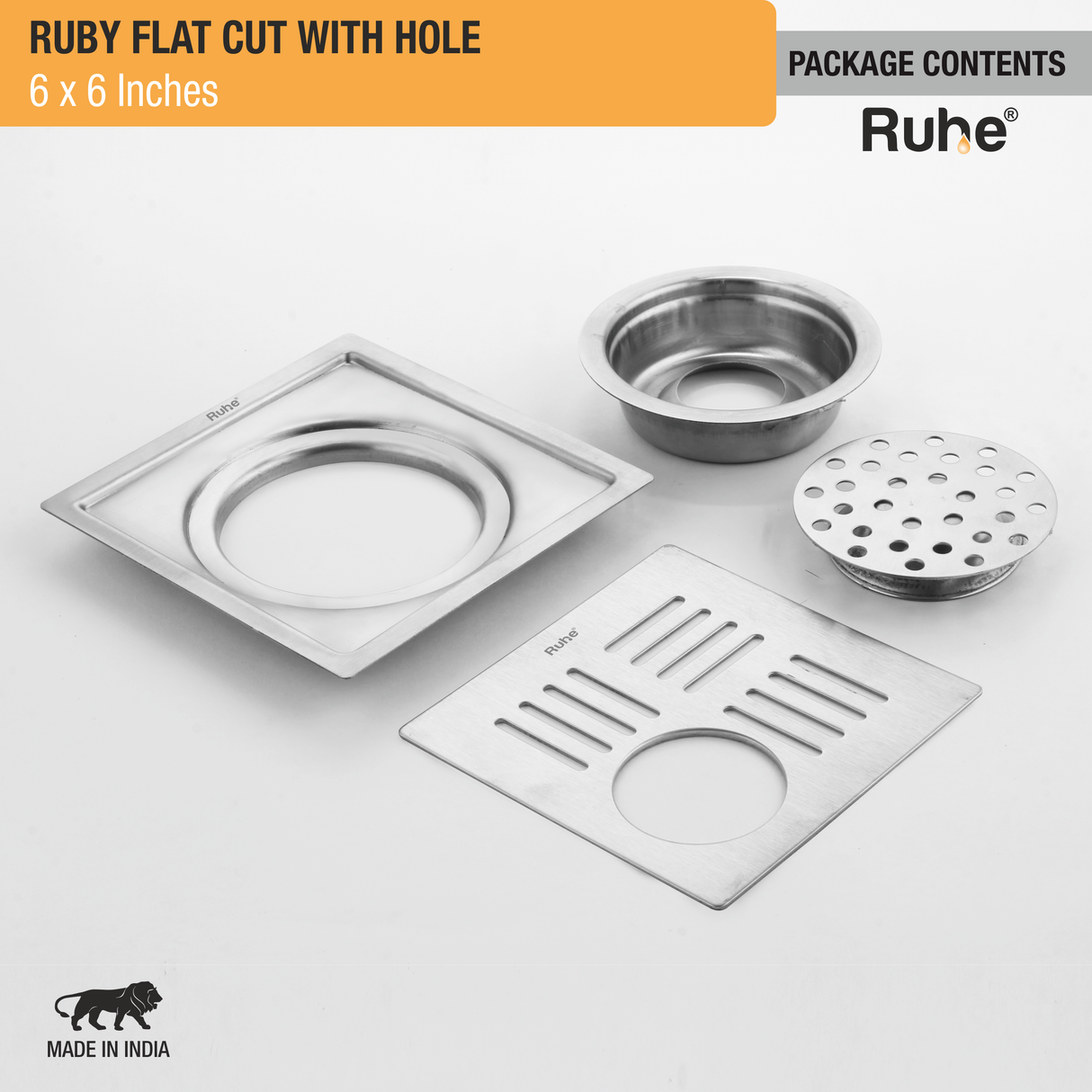 Ruby Square Flat Cut 304-Grade Floor Drain with Hole & Cockroach Trap (6 x 6 Inches) - by Ruhe®