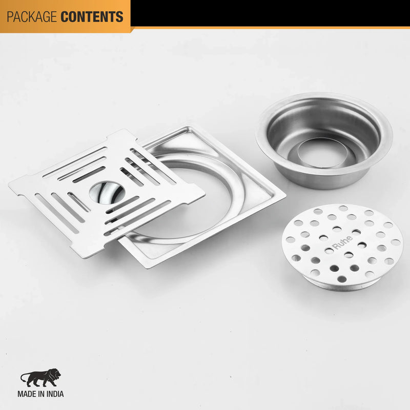 Opal Square Flat Cut 304-Grade Floor Drain with Hole & Cockroach Trap (6 x 6 Inches) - by Ruhe