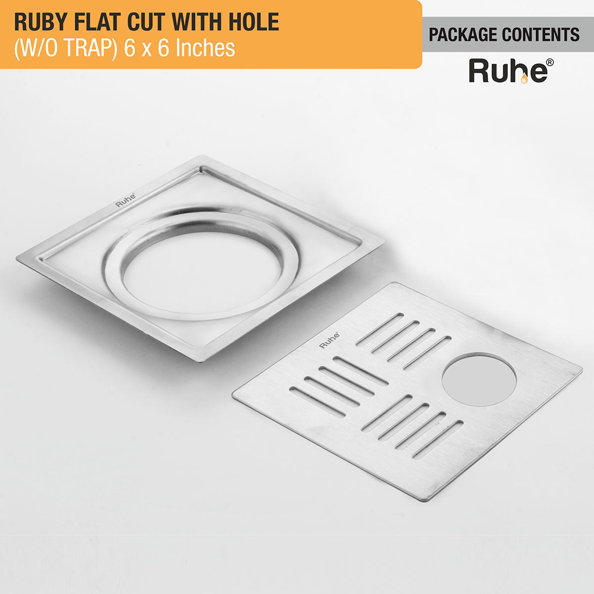 Ruby Square Flat Cut 304-Grade Floor Drain with Hole (6 x 6 Inches) - by Ruhe®