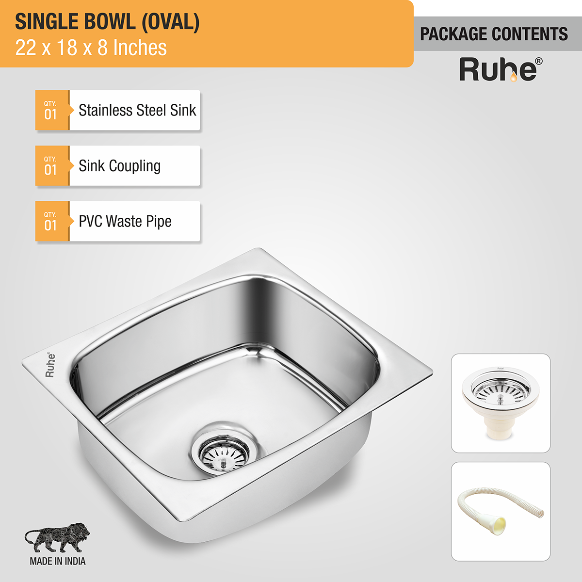 Oval Single Bowl (22 x 18 x 8 inches) Kitchen Sink package