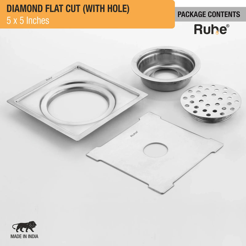 Diamond Square Flat Cut 304-Grade Floor Drain with Hole & Cockroach Trap (5 x 5 Inches) - by Ruhe