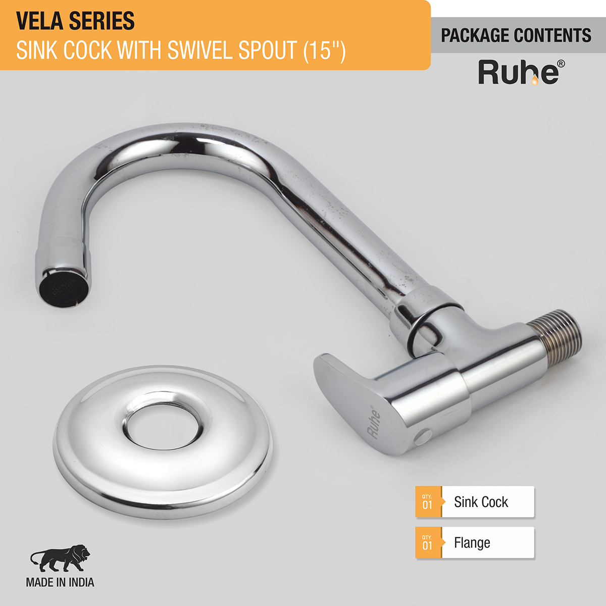 Vela Sink Tap with Medium (15 inches) Round Swivel Spout Brass Faucet package content