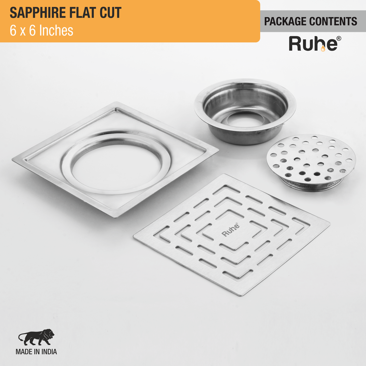 Sapphire Square Flat Cut 304-Grade Floor Drain with Cockroach Trap (6 x 6 Inches) - by Ruhe