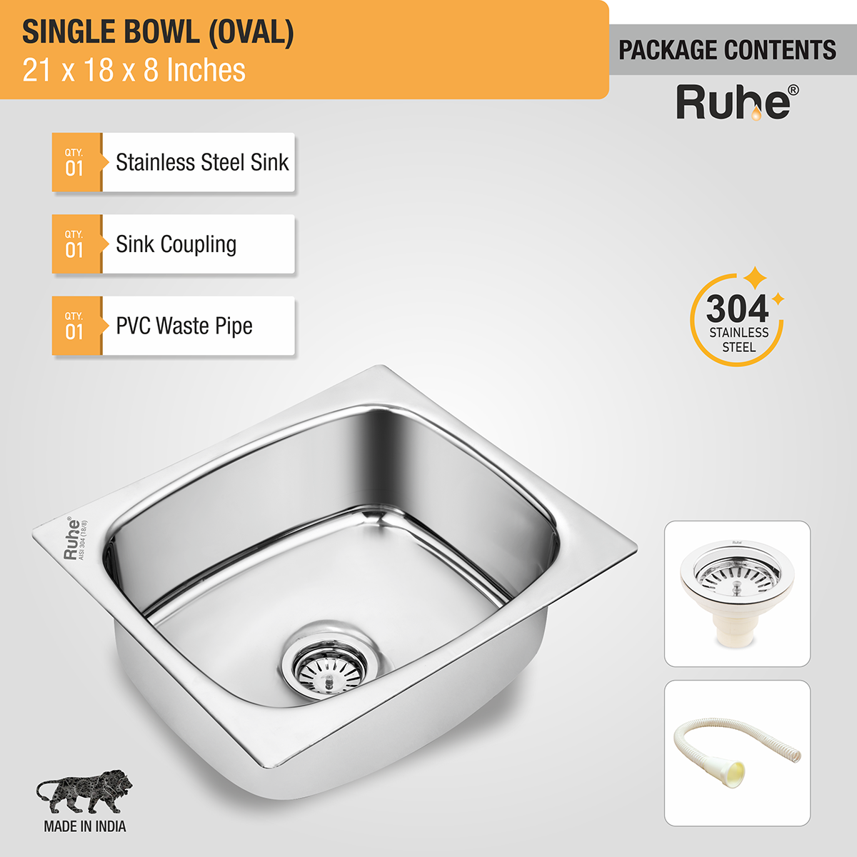 Oval Single Bowl (21 x 18 x 8 inches) 304-Grade Kitchen Sink with coupling, waste pipe