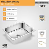 Square Single Bowl Kitchen Sink (22 x 18 x 8 inches) package content with sink coupling and pvc waste pipe