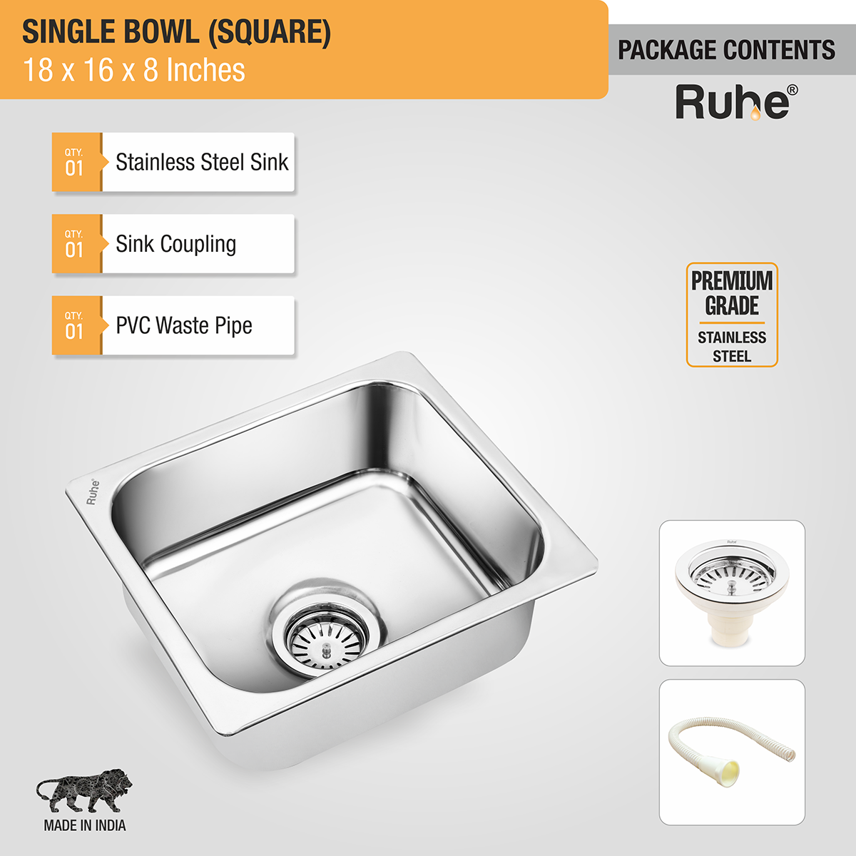Square Single Bowl Kitchen Sink (18 x 16 x 8 inches) package content with sink coupling and pvc waste pipe