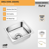 Square Single Bowl Kitchen Sink (18 x 16 x 8 inches) package content with sink coupling and pvc waste pipe