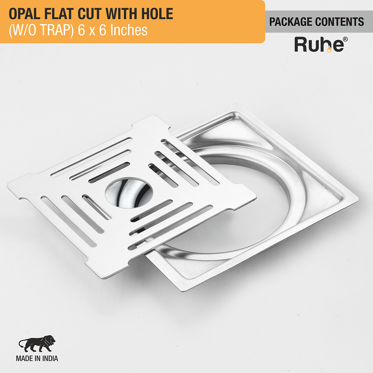 Opal Square Flat Cut 304-Grade Floor Drain with Hole (6 x 6 Inches) - by Ruhe®