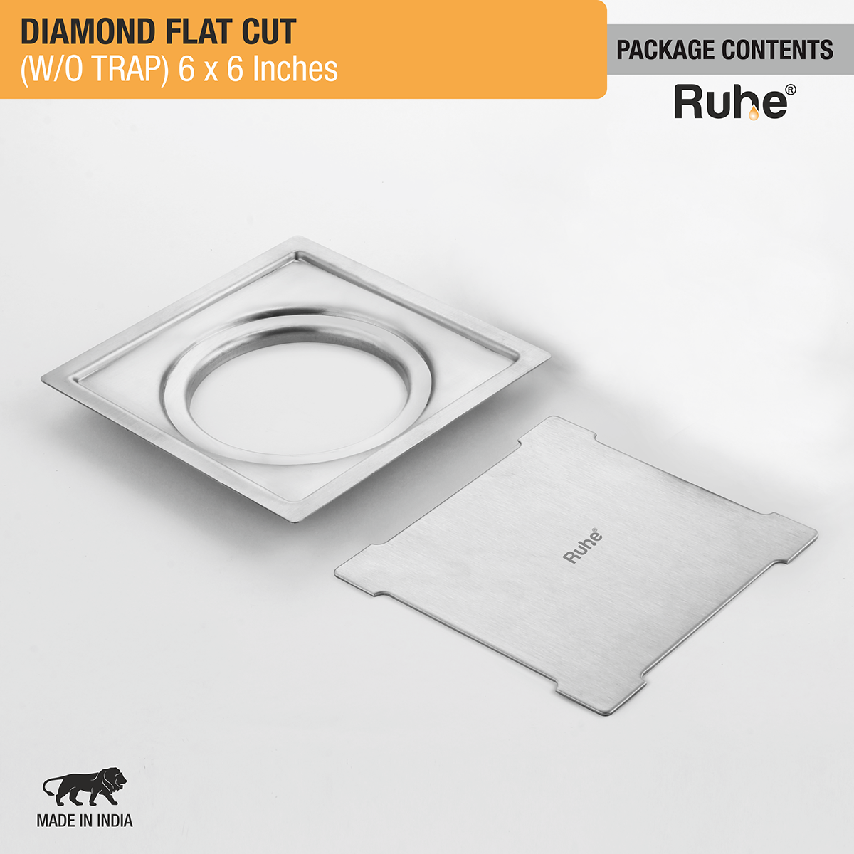 Diamond Square Flat Cut 304-Grade Floor Drain (6 x 6 Inches) - by Ruhe®