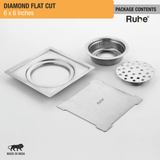 Diamond Floor Drain Square Flat Cut (6 x 6 Inches) with Cockroach Trap (304 Grade) package content