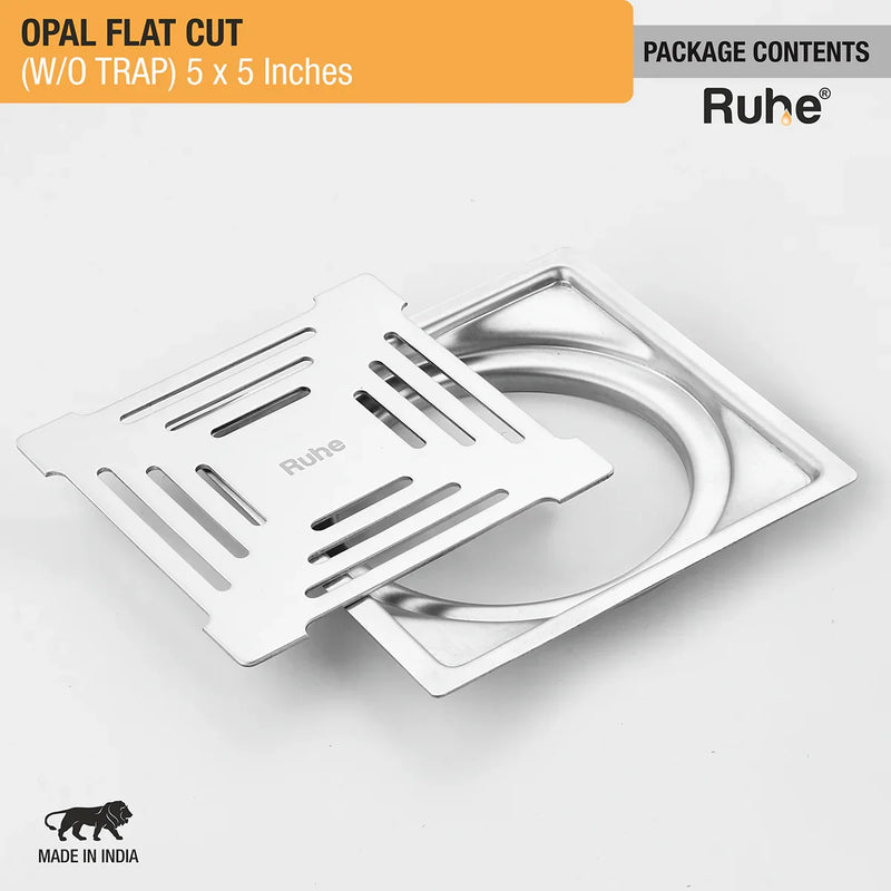 Opal Square Flat Cut 304-Grade Floor Drain (5 x 5 Inches) - by Ruhe
