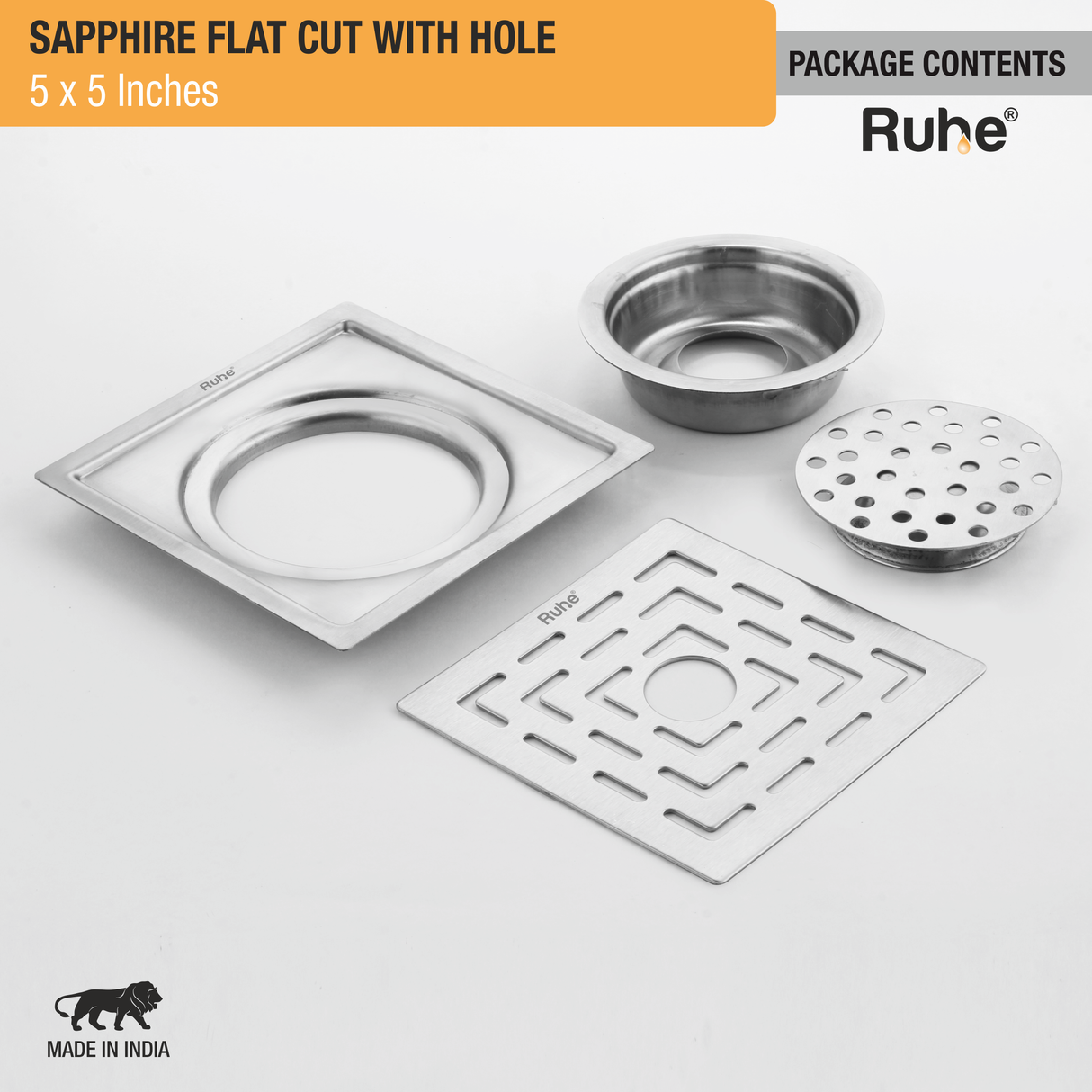 Sapphire Square Flat Cut 304-Grade Floor Drain with Hole & Cockroach Trap (5 x 5 Inches) - by Ruhe