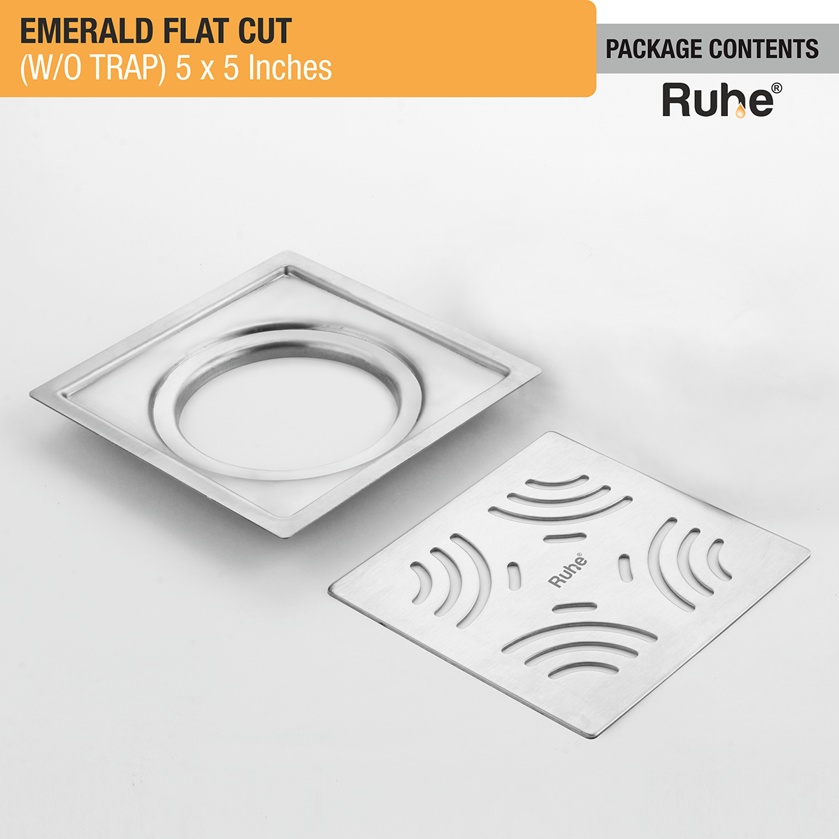 Emerald Square Flat Cut 304-Grade Floor Drain (5 x 5 Inches) package