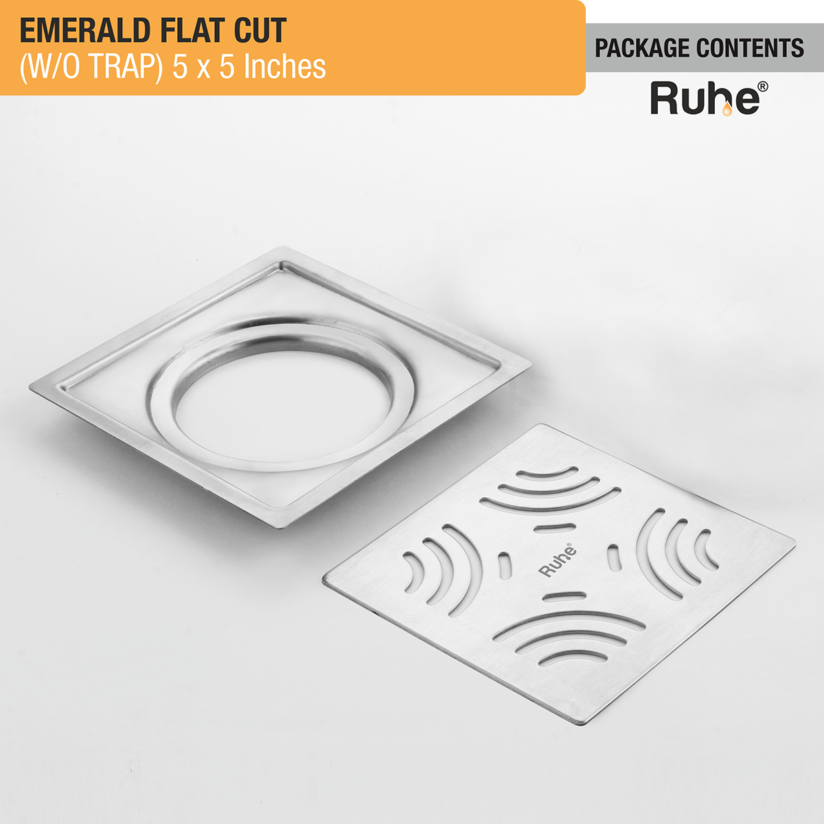 Emerald Square Flat Cut 304-Grade Floor Drain (5 x 5 Inches) - by Ruhe®