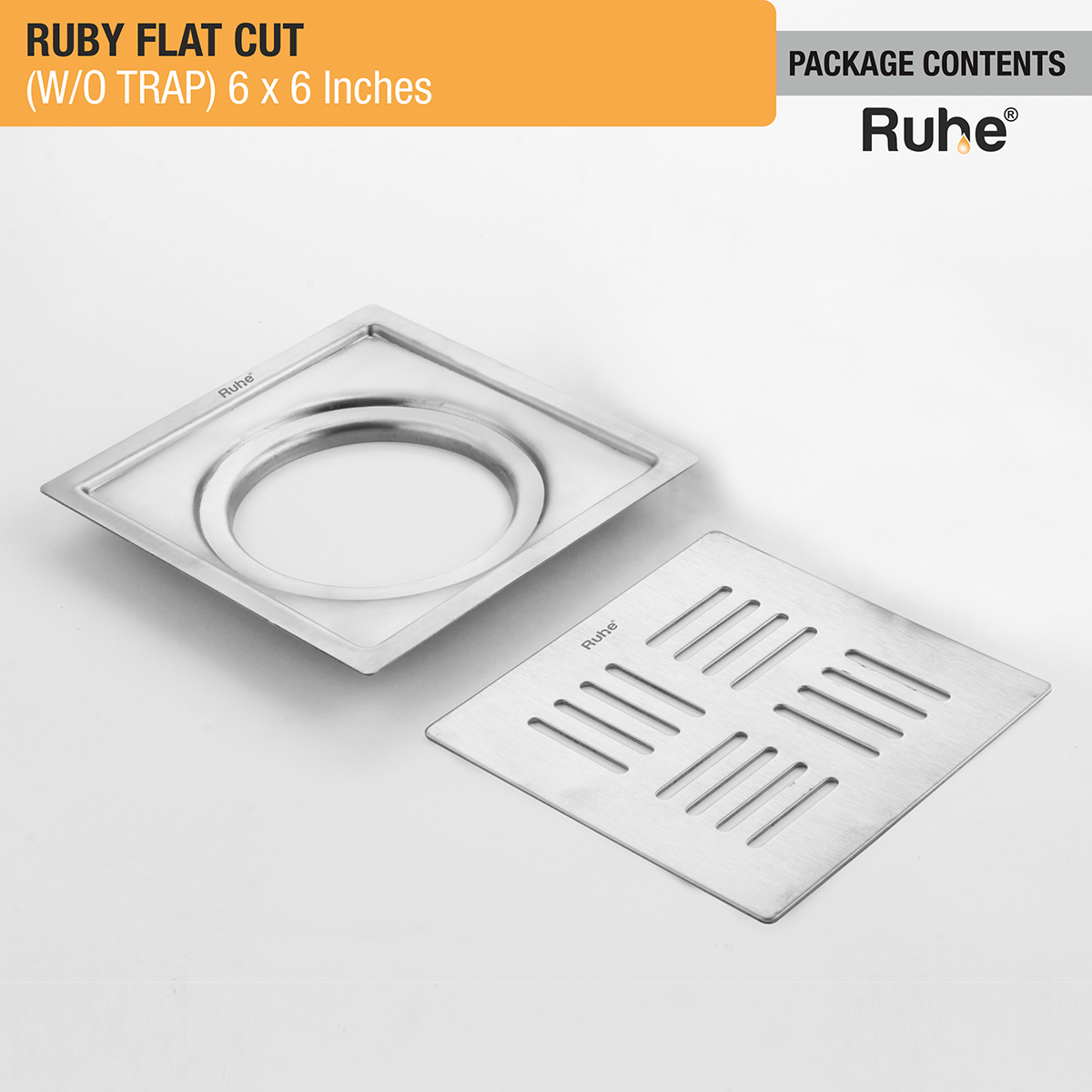 Ruby Square Flat Cut 304-Grade Floor Drain (6 x 6 Inches) - by Ruhe®