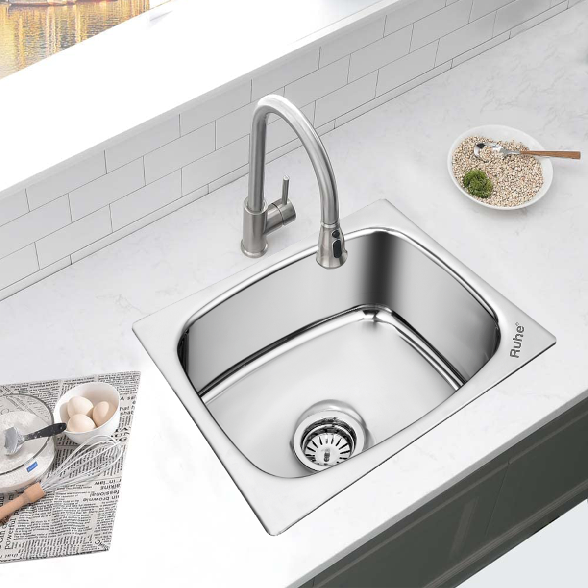 Oval Single Bowl (20 x 17 x 8 inches) Kitchen Sink installed