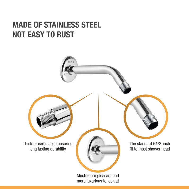 Round Half Bend Shower Arm (9 Inches) with Flange - by Ruhe