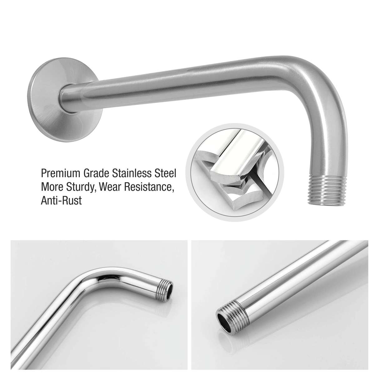 Round Full Bend Shower Arm (15 Inches) with Flange - by Ruhe