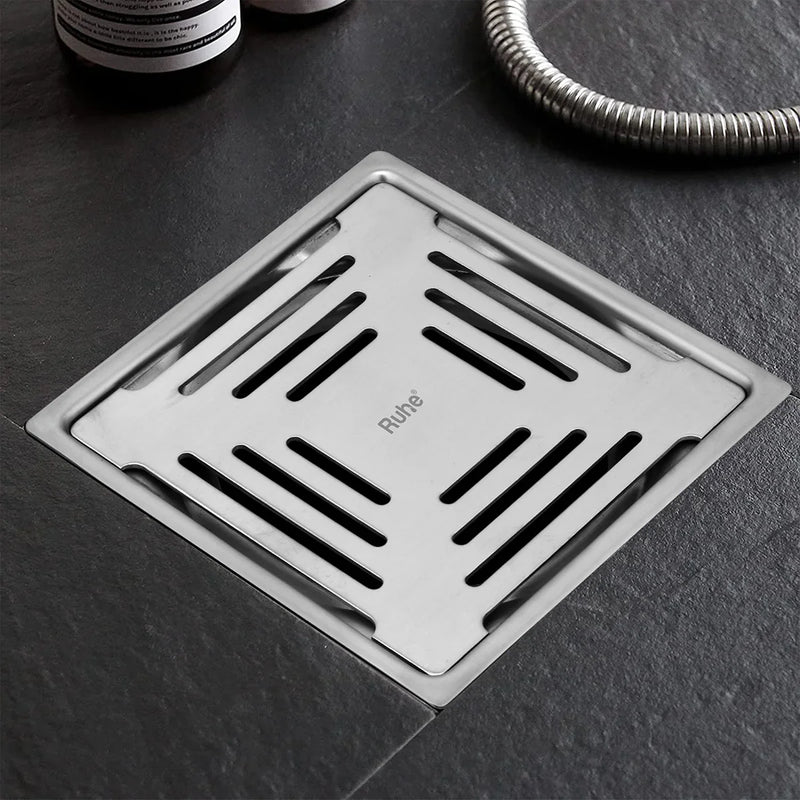 Opal Square Flat Cut 304-Grade Floor Drain (5 x 5 Inches) - by Ruhe