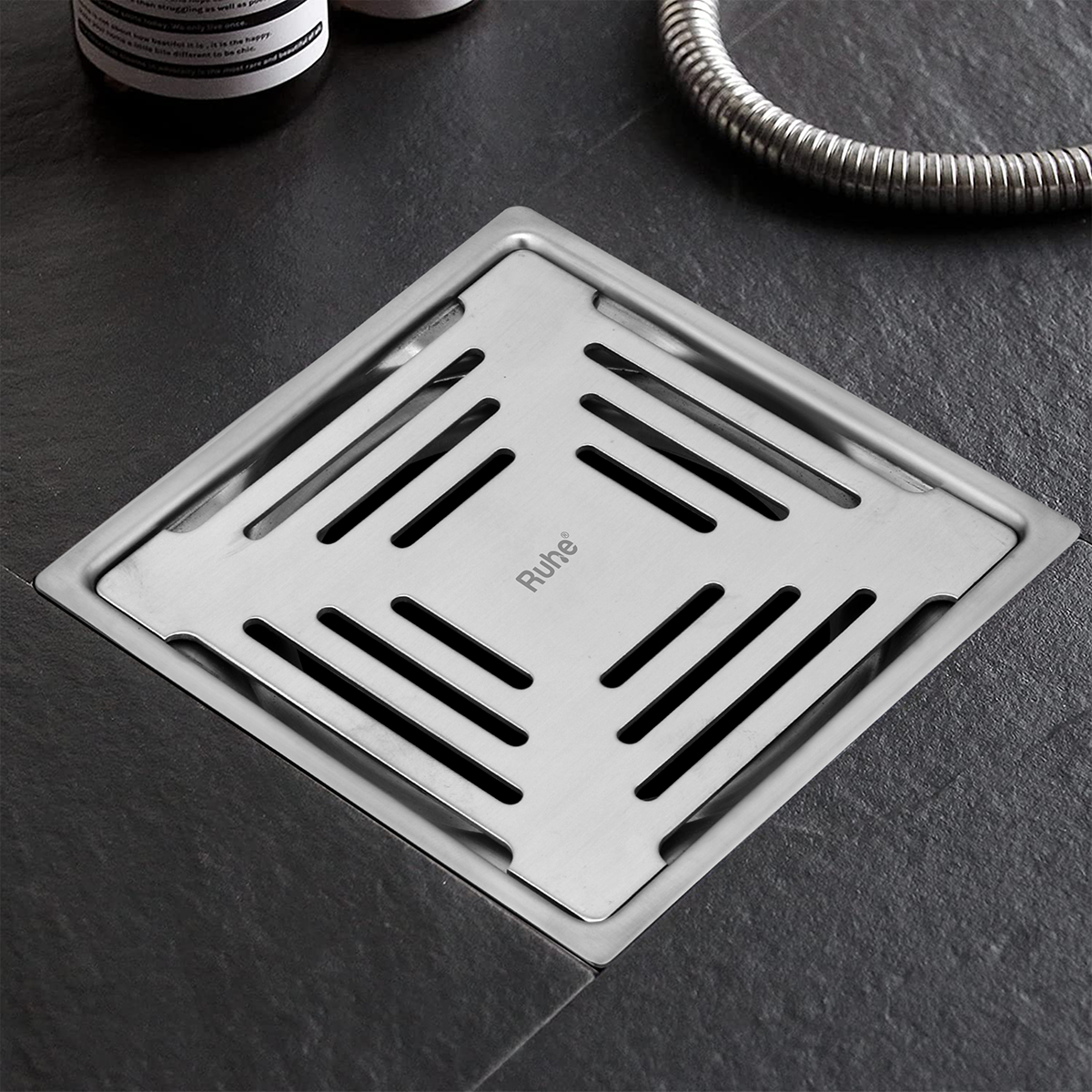 Opal Square Flat Cut 304-Grade Floor Drain (6 x 6 Inches) installed