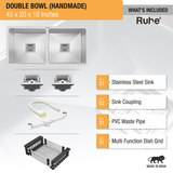 Handmade Double Bowl Premium Kitchen Sink (45 x 20 x 10 Inches) with accessories