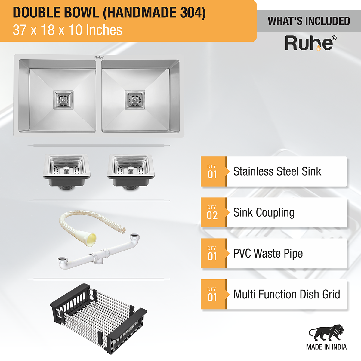 Handmade Double Bowl 304-Grade Kitchen Sink (37 x 18 x 10 Inches) with sink coupling, pvc waste pipe, and vegitable basket