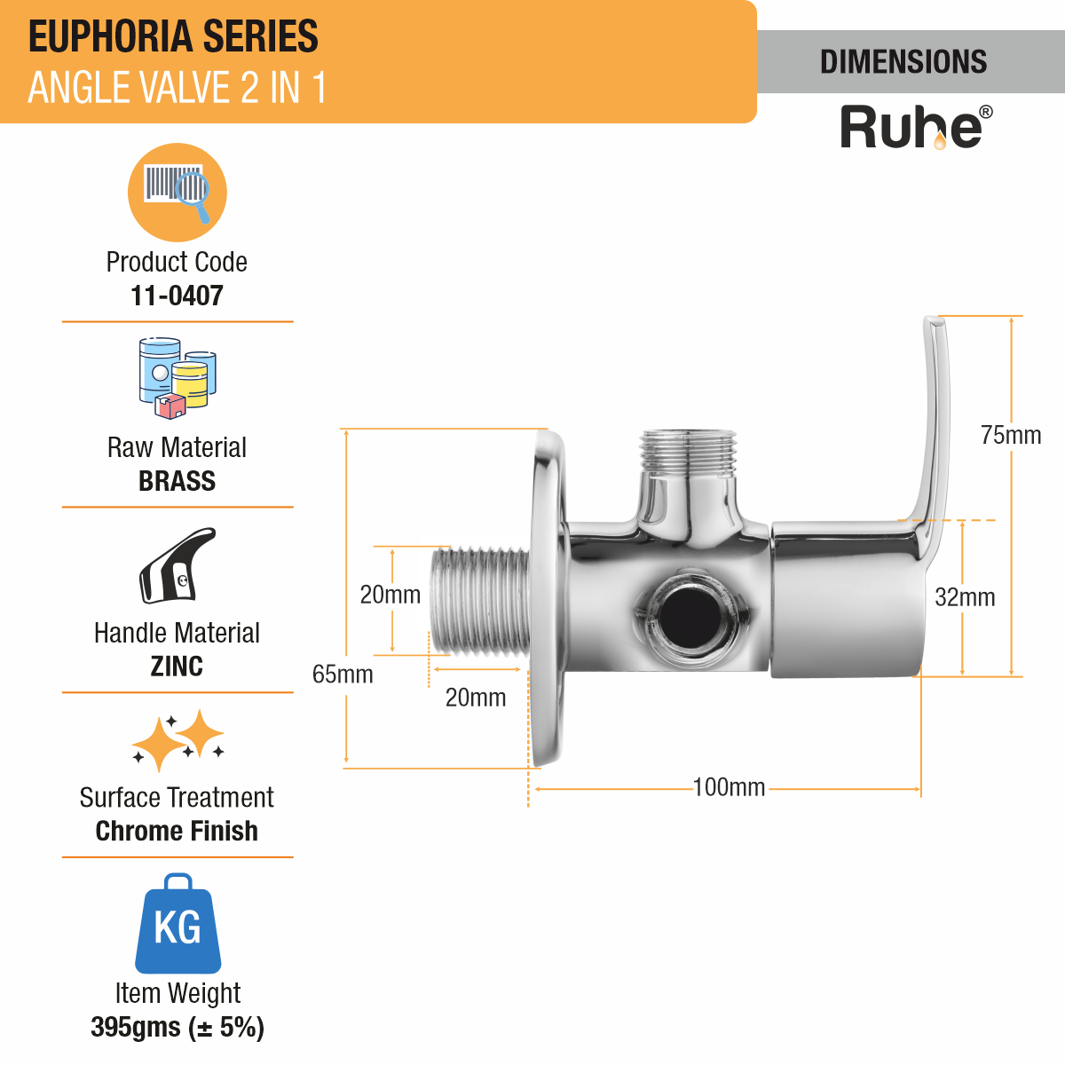 Euphoria Two Way Angle Valve Brass Faucet dimensions and size