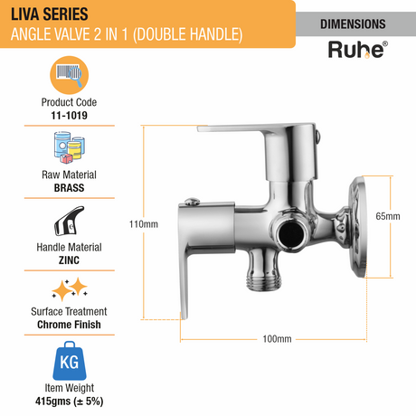 Liva Two Way Angle Valve Brass Faucet (Double Handle) dimensions and size