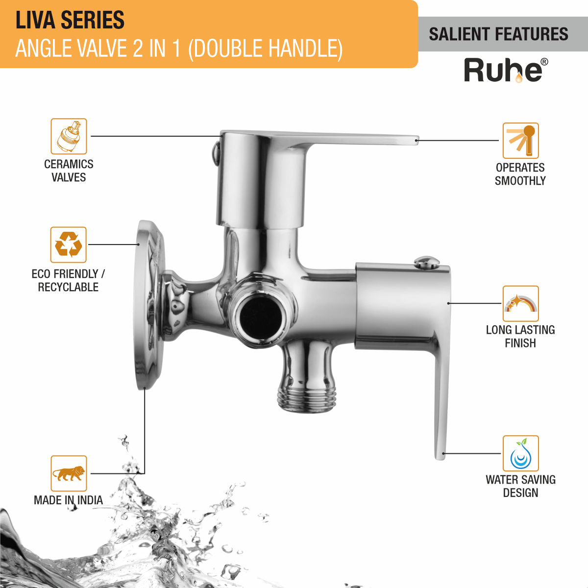 Liva Two Way Angle Valve Brass Faucet (Double Handle) features