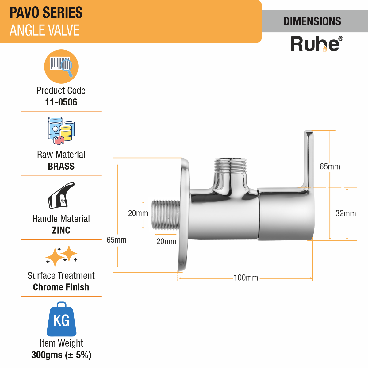 Pavo Angle Valve Brass Faucet dimensions and size