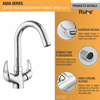 Aqua Centre Hole Basin Mixer Brass Faucet with Small (12 inches) Round Swivel Spout superior design, foam flow aerator, chrome plated