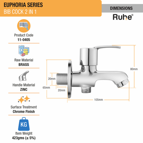 Euphoria Two Way Bib Tap Faucet dimensions and size