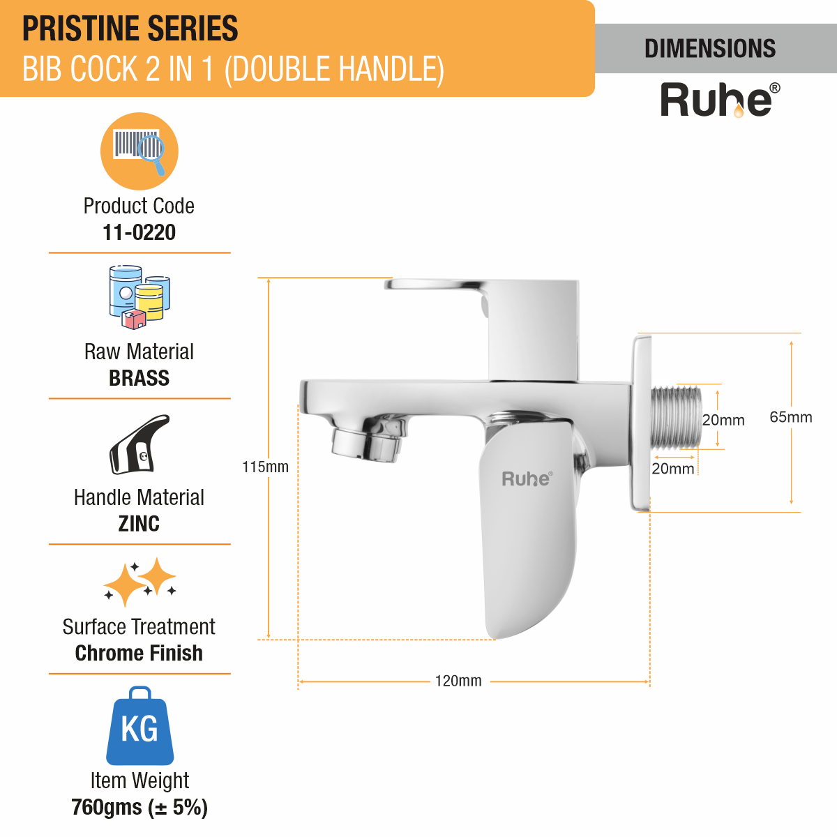 Pristine Two Way Bib Tap (Double Handle) - by Ruhe