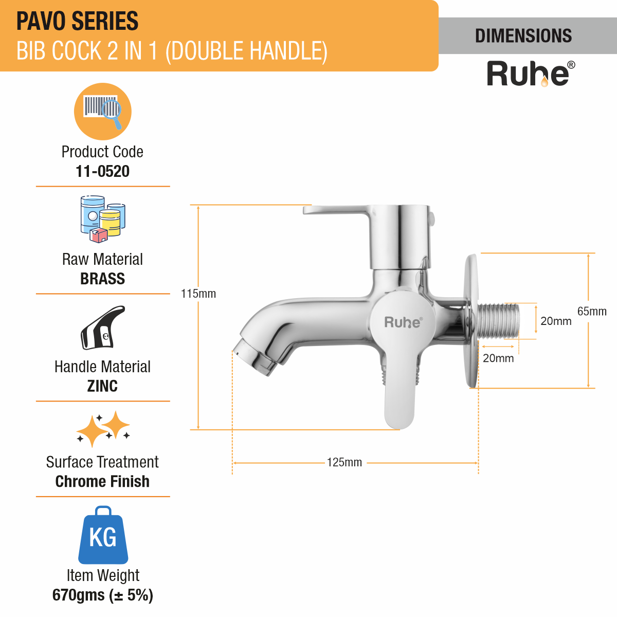 Pavo Two Way Bib Tap Brass Faucet (Double Handle) dimensions and size