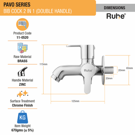 Pavo Two Way Bib Tap Brass Faucet (Double Handle) dimensions and size