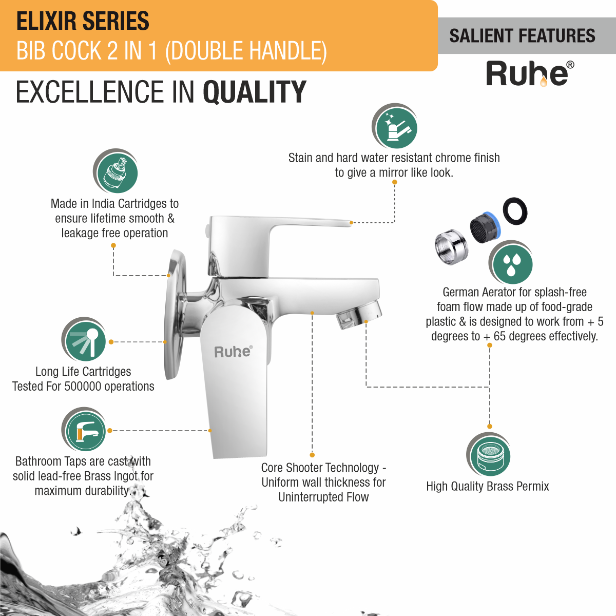 Elixir Two Way Bib Tap Brass Faucet (Double Handle) features
