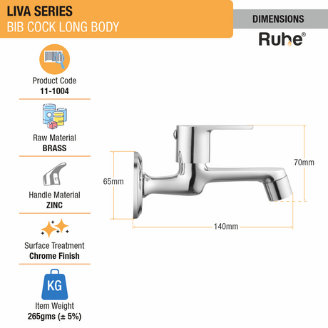 Liva Bib Tap Long Body Brass Faucet dimensions and size
