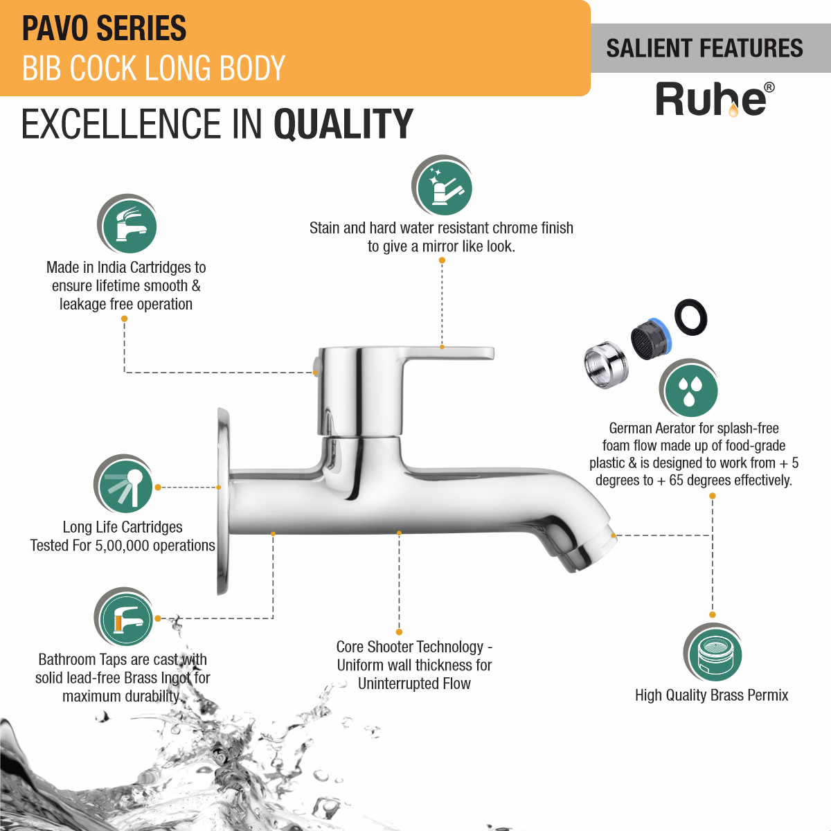 Pavo Bib Tap Long Body Brass Faucet features