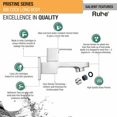 Pristine Bib Tap Long Body Brass Faucet features