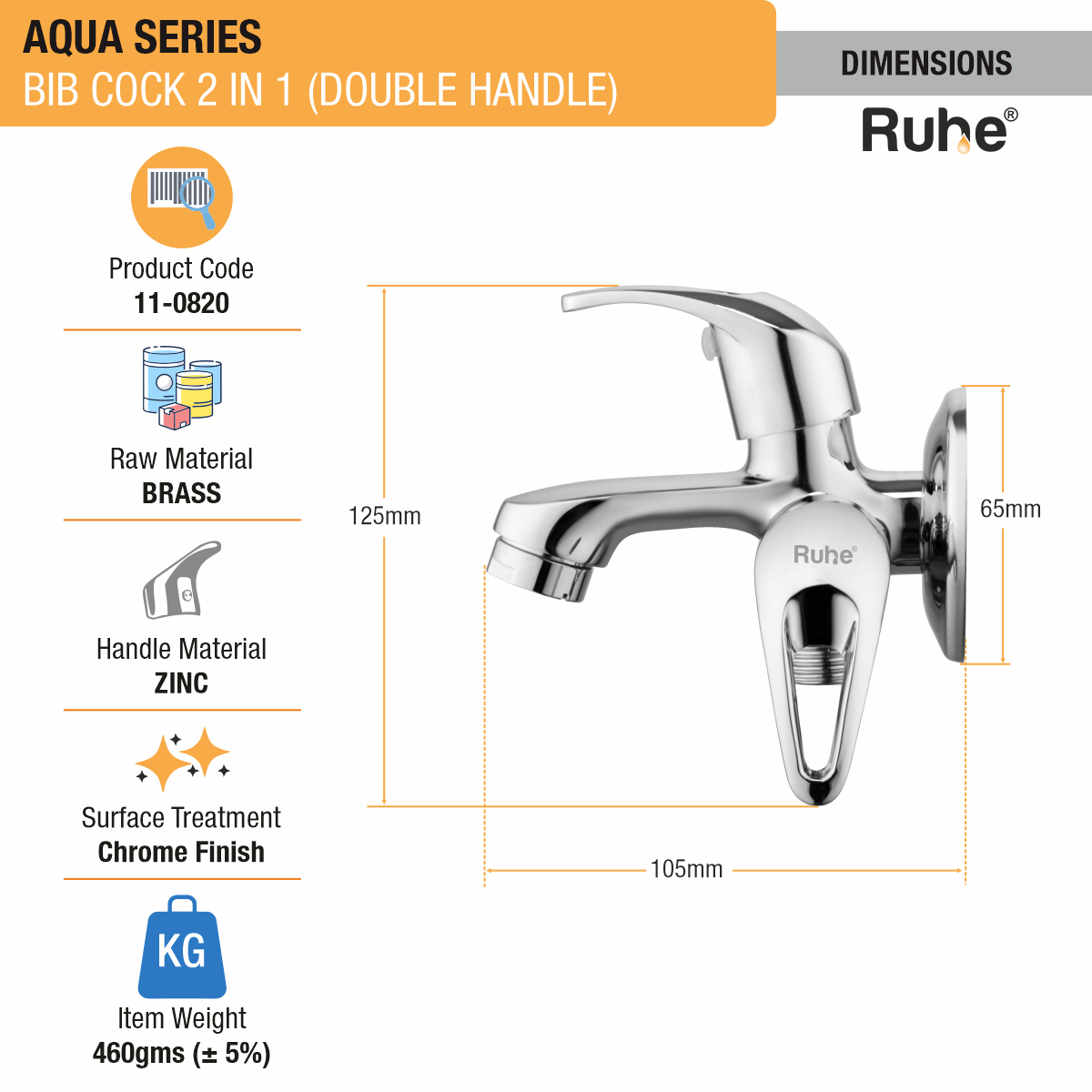 Aqua Two Way Bib Tap (Double Handle) - by Ruhe®